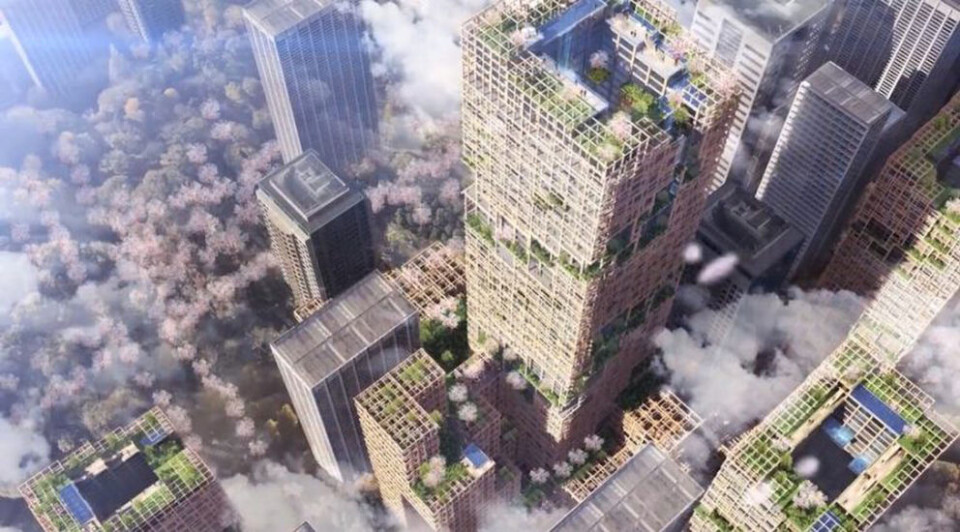 TRE: En 350 meter høy skyskraper i tre er planlagt i Japan. Illustrasjon: Sumitomo Forestry og Nikken Sekkei