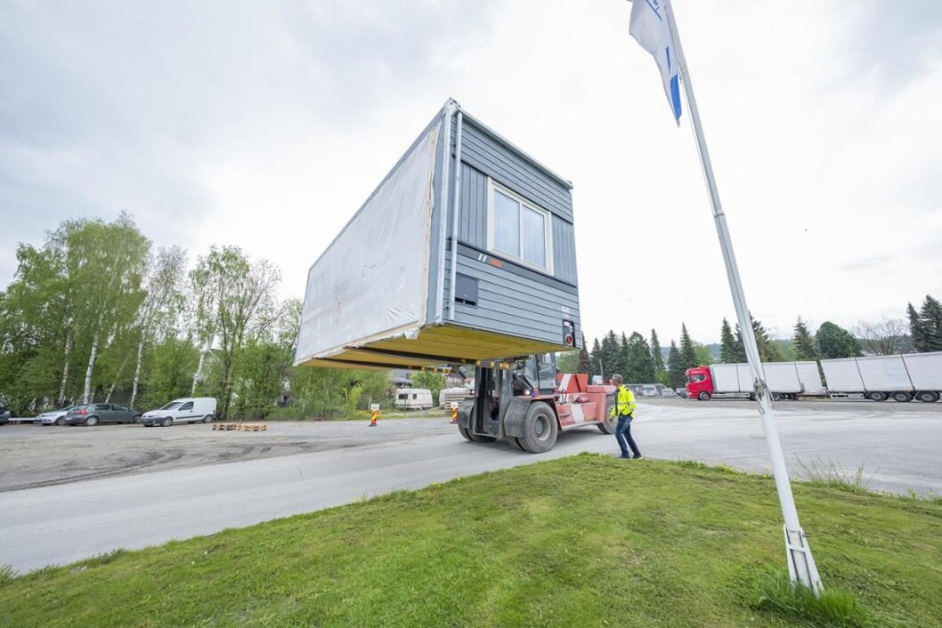 Her går modul nummer 90 000 ut av fabrikken til Moelven Byggmodul. (Foto: Moelven) Her går modul nummer 90 000 ut av fabrikken til Moelven Byggmodul. (Foto: Moelven)