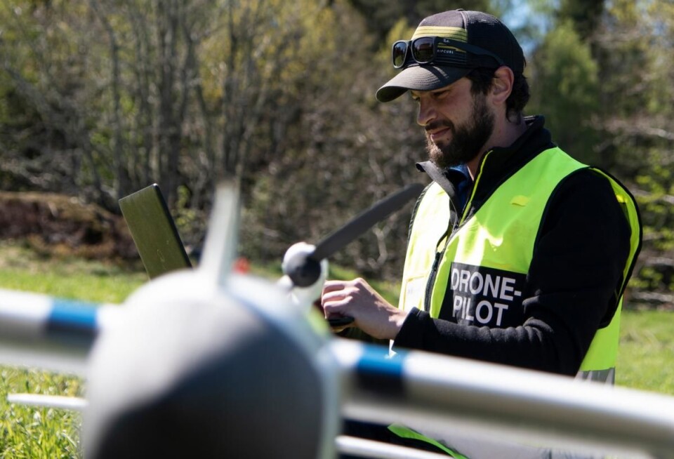 I tillegg til å undersøke trærne på bakken benytter forskerne både fly og droner til å overvåke skogskadene. Stefano Puliti er fra Italia og har doktorgrad på overvåking av skog med droner. Puliti arbeider ved Landsskogtakseringen ved NIBIO og i dag er han på plass i Åsrum for å teste et helt nytt dronefly. (Foto: Lars Sandved Dalen)