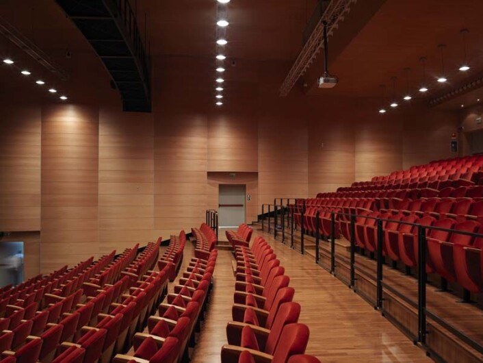 Trysil Antibrann-plater er levert til italienske Teatro Puccini med klarlakkert finér av bøk. (Foto: Trysil Interiørtre) Trysil Antibrann-plater er levert til italienske Teatro Puccini med klarlakkert finér av bøk. (Foto: Trysil Interiørtre)