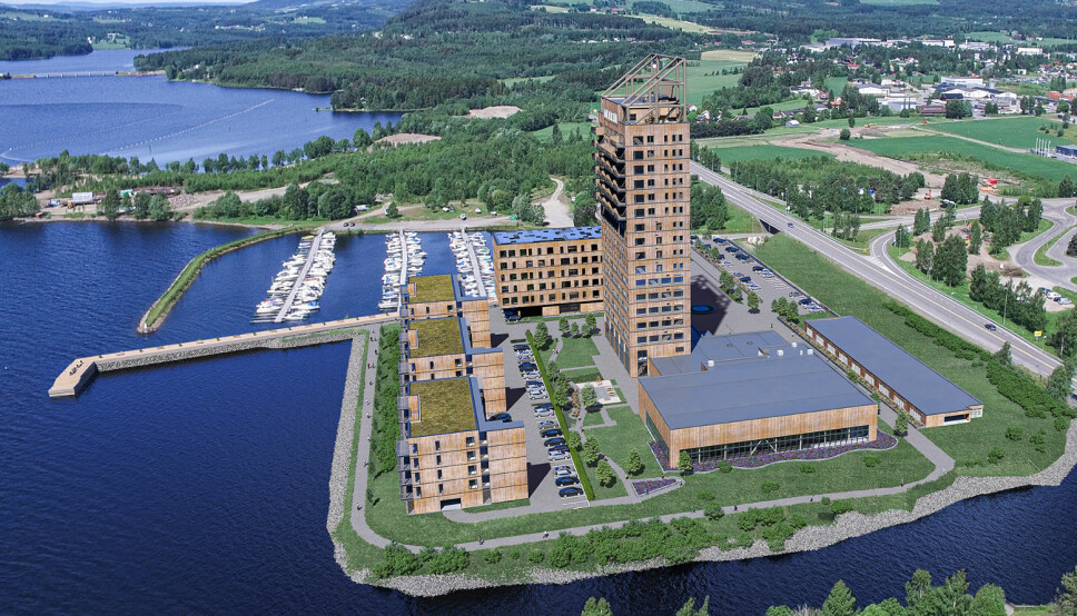 Slik vil Mjøskanten, med Mjøstårnet, Mjøsbadet, Skibladnerbrygga, samt det nye næringsbygget og leilighetsbyggene, se ut.