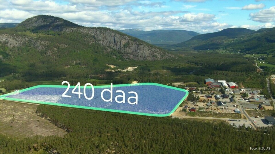 flyfoto av et industriområde, med et inntegnet omriss merket 240 daa